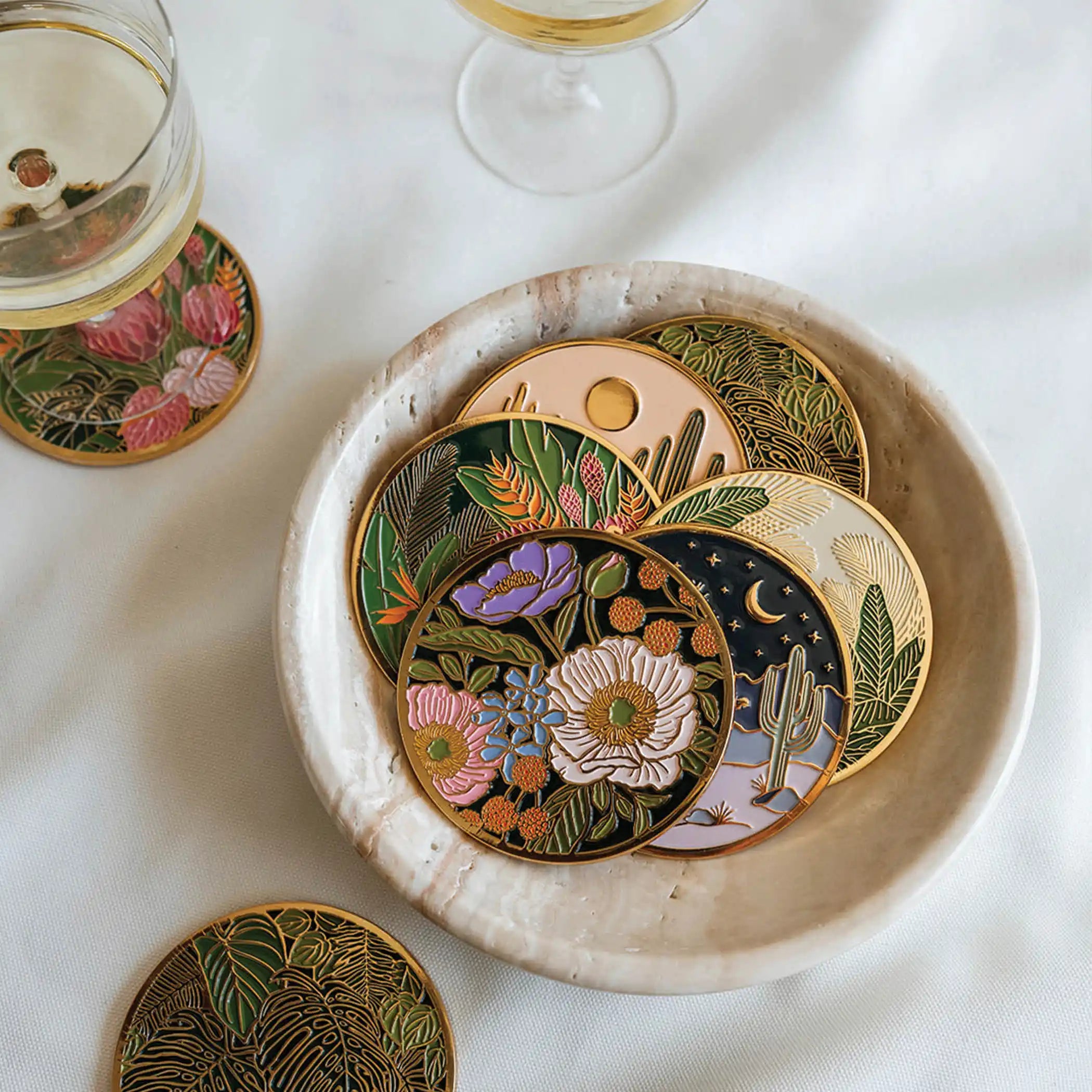 Vibrant Flora Gold Drink Coasters