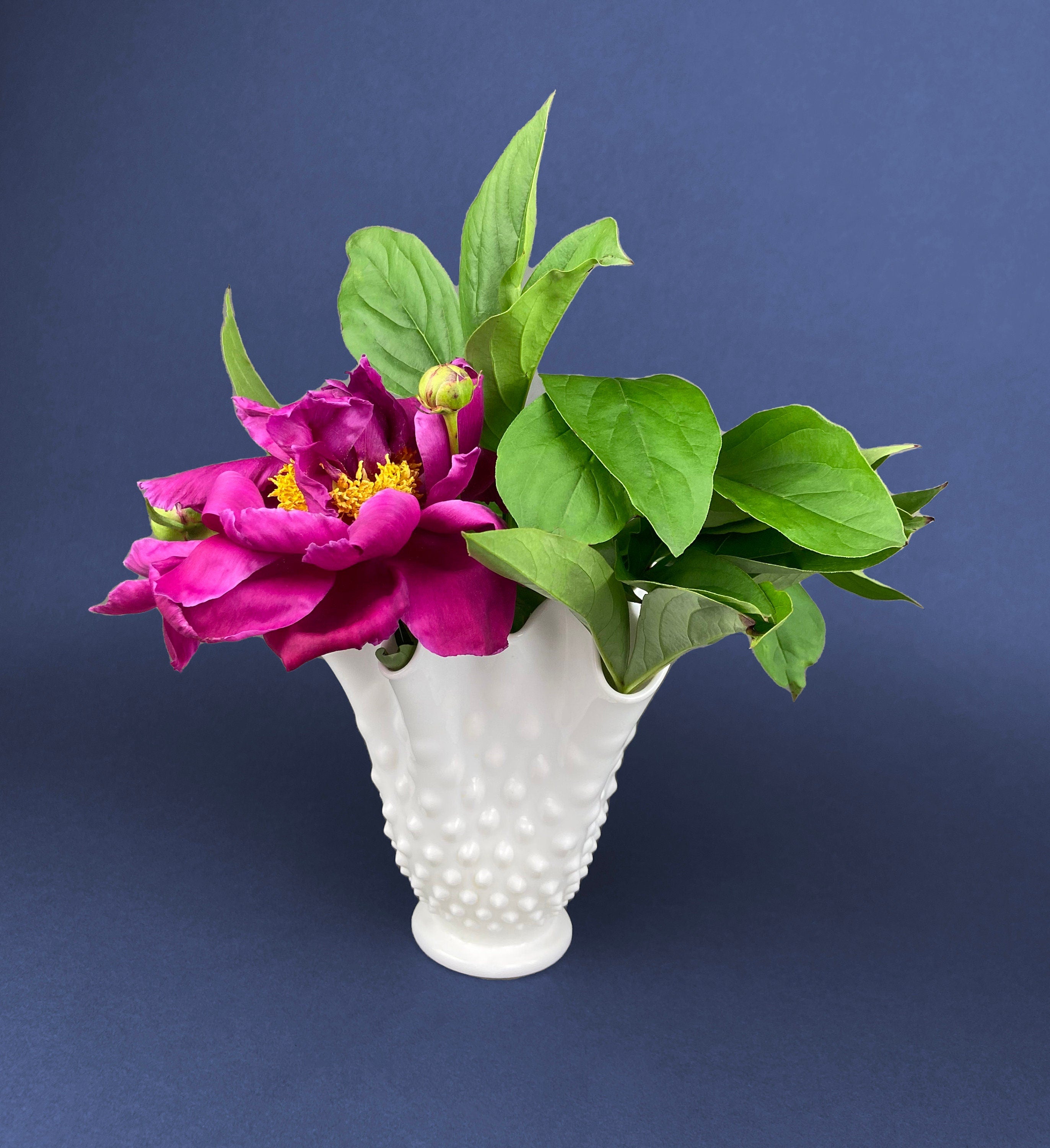 Vintage Milk Glass Splash Vase. Hobnail Vase  with Pinched Edge for Growing Ivy.  Wedding or Home Decor.
