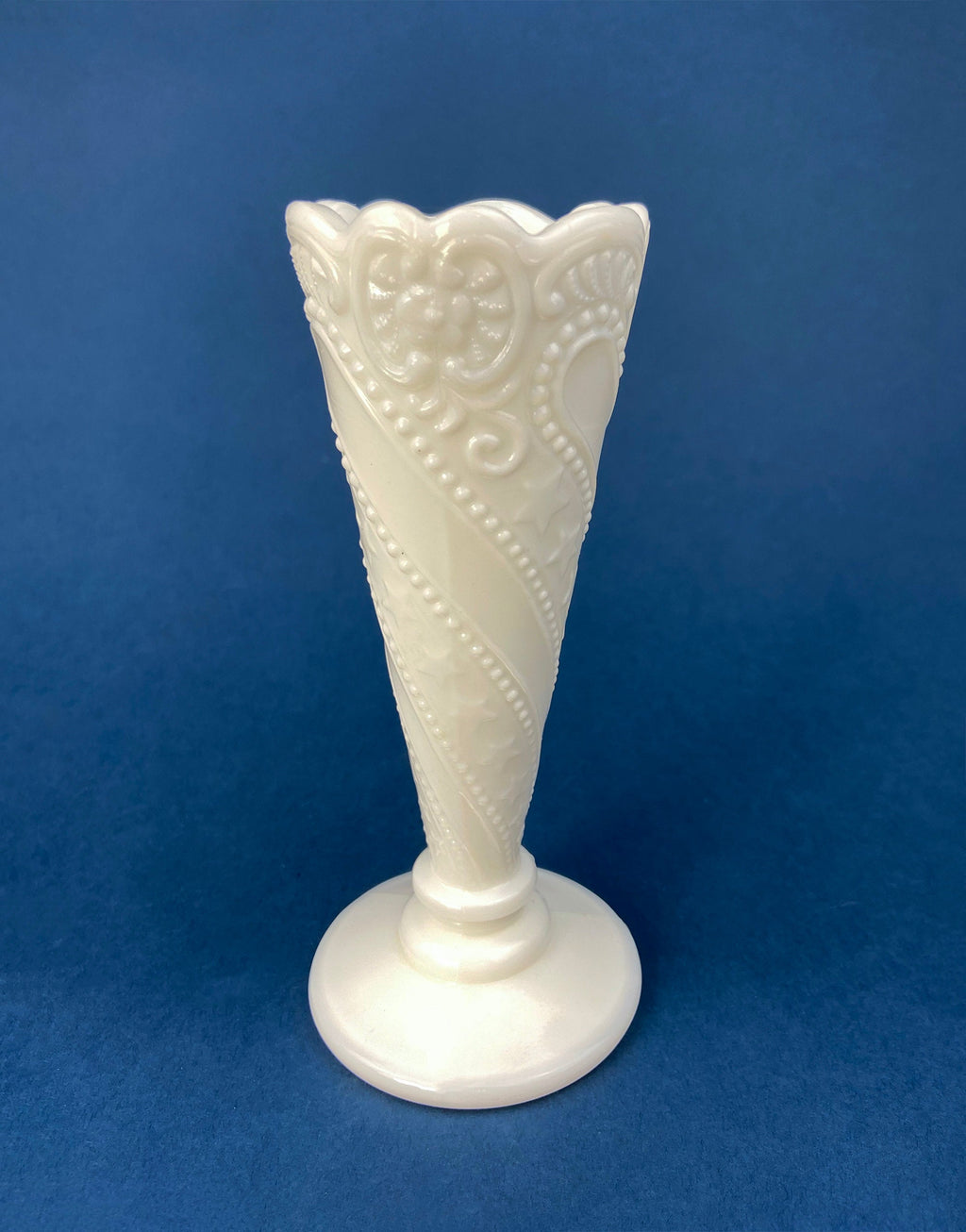 Vintage 6" White Trumpet Vase. Milk Glass, Raised Pattern. Dots, Stars, Flowers, and Scalloped Edge. Small Footed Milk Glass Flute Vase.